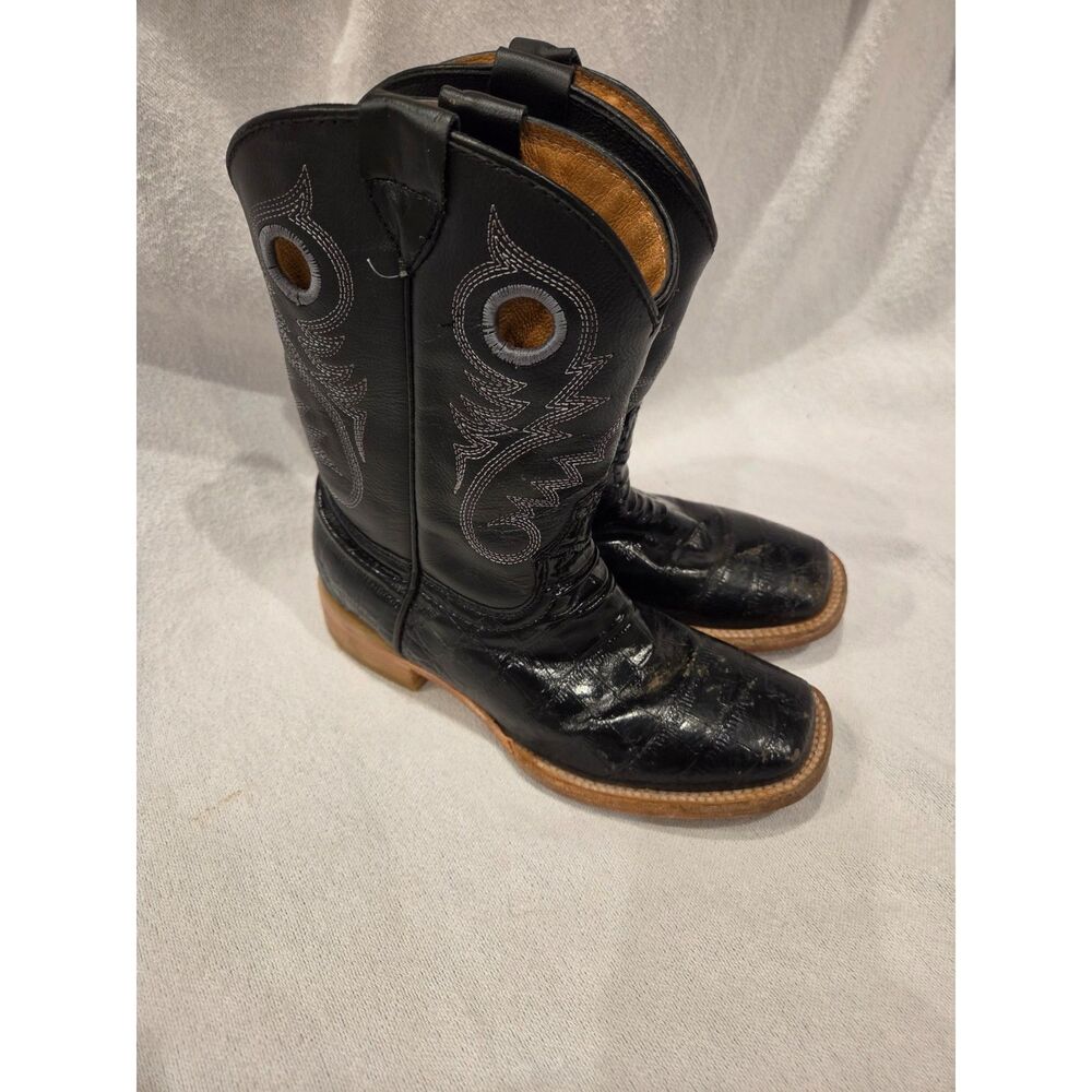 Potrero Kids Black Cowboy Boots Caiman Print Square Toe Western Youth Size 13 US